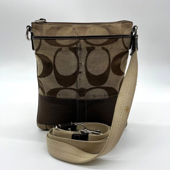 Coach Signature Canvas Tan & Brown Swing Logo Crossbody Bag - Picture 2 of 12